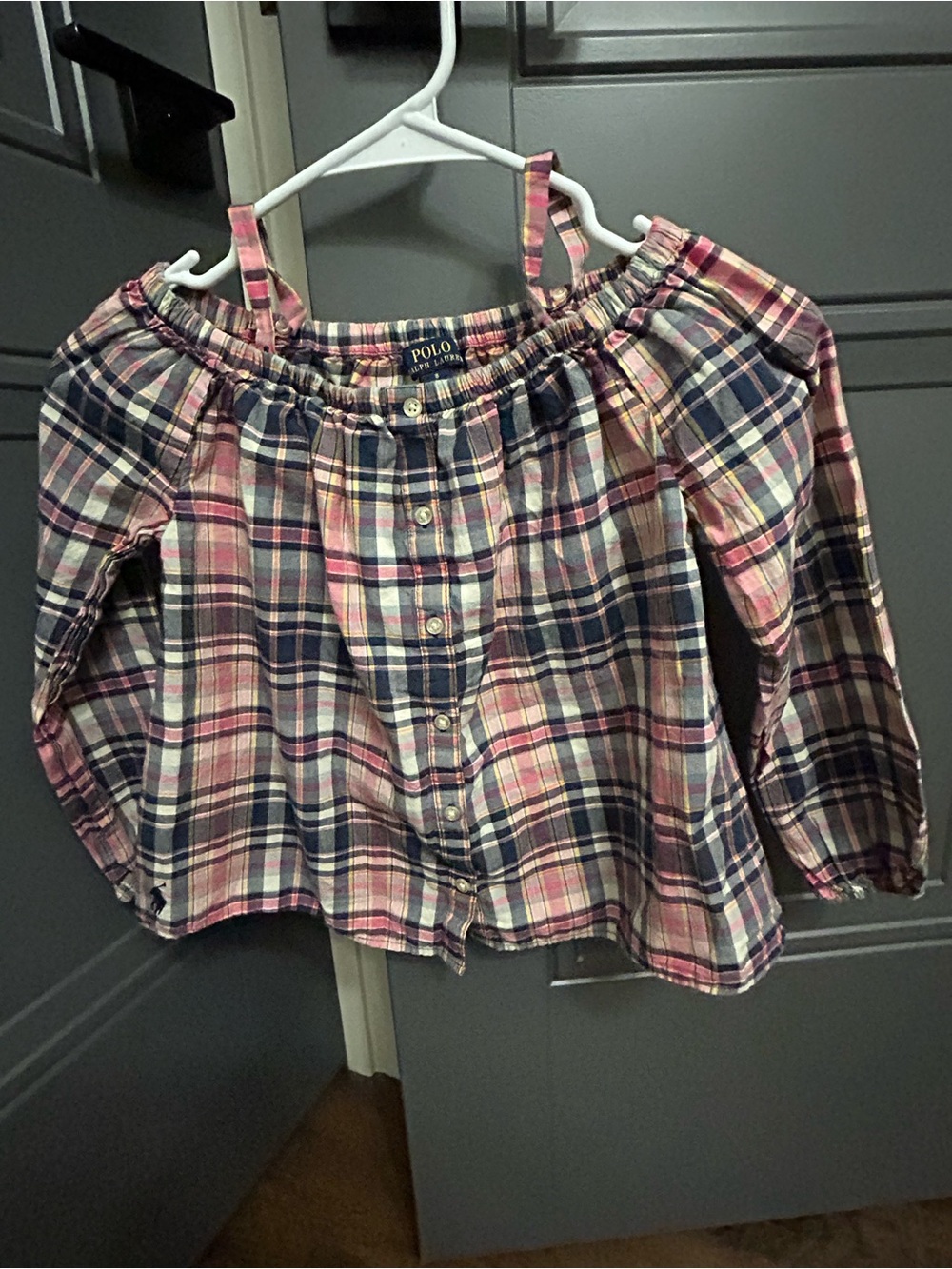 Polo by Ralph Lauren Pink, Navy & Cream Plaid Off-Shoulder Blouse